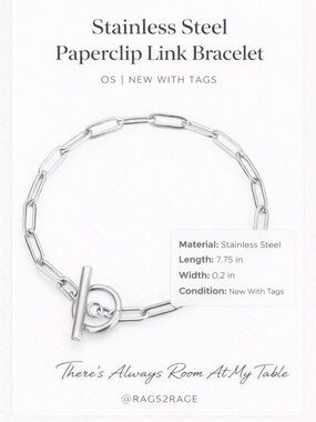 Stainless Steel Paperclip Link Bracelet Toggle Clasp Silver Minimalist